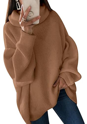 Pull Col Roulé Femme Hiver Chic Pullover Oversize Grosse Maille Ample Manche Longue Large Grande Taille Tricoté Chaud Sweater Gros Pull Personnalisable Marron