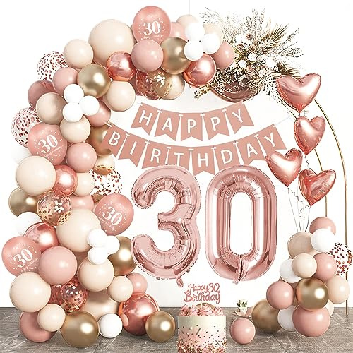 Déco 30 ans femme, guirlande doré rosé, ballons alu & banderole