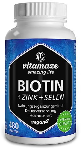 Biotina 10.000 mcg 480 Comprimidos (+1 Año) con Zinc y Selenio, Biotina para el Cabello, Crecimiento y Anticaída, Vitaminas para Pelo y Uñas Fuertes, Sin aditivos Calidad Alemana.Vitamaze®