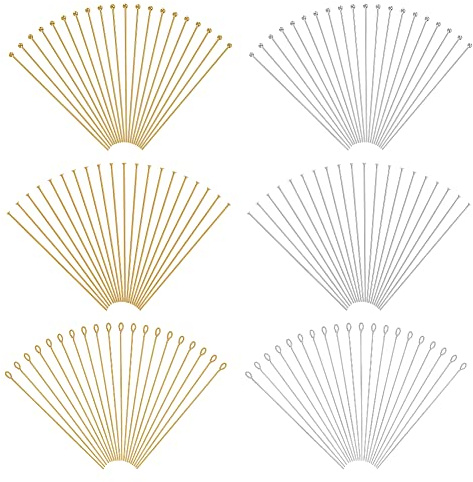 BENECREAT 120 Stück 3 Stile Vergoldetes Messing Offene Ösennadeln, 50mm Kugelkopfstifte Flachkopfstifte Nadeln Zum Perlenschmuck Basteln, 2 Farben/Stil