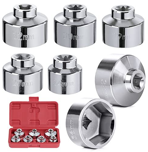 eROOSY 7 tlg. Ölfilterschlüssel Set, Ölfilterschlüssel Kappe, 3/8 Ölfilter Steckschlüssel 24 mm - 38 mm Ölfilter Schlüssel Steckschlüssel Set kompatibel mit BMW, Mercedes, VW