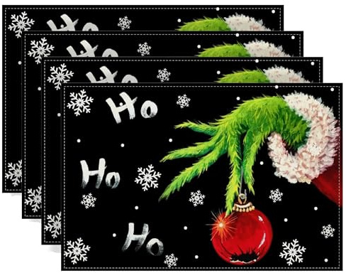Linen Grinch Tischsets mit Aufschrift Merry Grinchmas, 4 Stück, für Winter, Neujahr, Weihnachtsdekorationen und Zubehör für Zuhause, Küche, Tisch, 30,5 x 45,7 cm