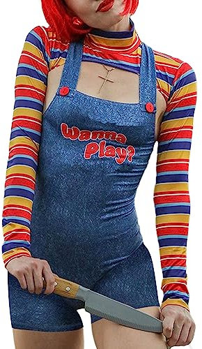 Aunaeyw Halloween-Kostüme für Damen, gruseliger Albtraum-Killer, Puppe, Wanna Play, Filmfigur, Bodysuit, Chucky-Puppe, Kostüm-Set, 2 Stück, blau, M
