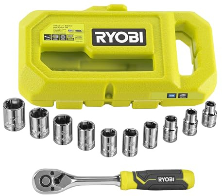 RYOBI - Coffret Clé à Cliquet 1/4 + Douilles - RHRS10PC - 10 Pièces, 90 Dents, Compatible LINK