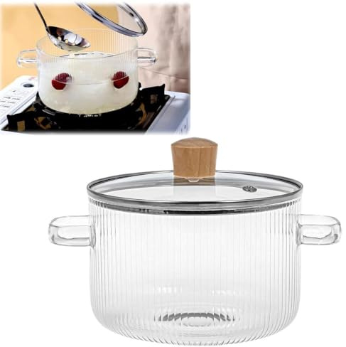Klarer Simmer-Topf, geriffelter Kochtopf mit Deckel, hitzebeständiges Borosilikatglas, gerippter Topf mit Griffen, klares Glas-Kochgeschirr, Simmertopf für Suppe, Milch, Babynahrung