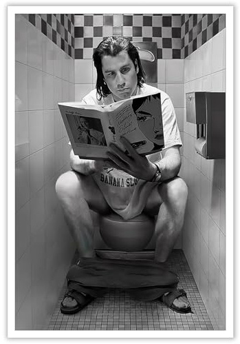 AWTJIS Pulp Fiction Poster - Vincent Vega Auf Toilette, Lustiges Badezimmer-Dekor, Wandkunst, Leinwanddruck, Schwarz-Weiß, Wanddekoration für Apartment, Ästhetische Dekoration