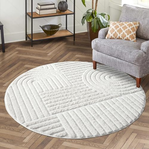 carpet city Teppich Wohnzimmer Hochflor Creme - 160 cm Rund - Hochtief-Muster, 3D-Effekt Geometrisch - Bettvorleger Schlafzimmer Teppiche Boho, Skandi