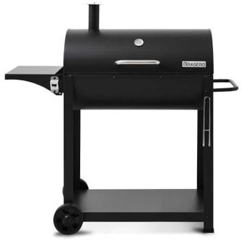 BRASERO - Barbecue charbon de bois Burgos - Grille en acier chromé de 72 x 41 cm - Couvercle de cuisson et cheminée - cuve charbon ajustable en hauteur - Poignée - Tablette latérale, Noir