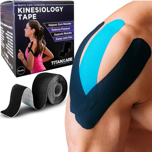 TITANKARE Kinesiology Tape Medical Grade - Physio Tape, 5m Black Sports Tape Strapping Roll, Waterproof Body Elastic Sports Tape for Shoulder Tape Support, Ankle, Boob, Knee Pain Muscle Relief