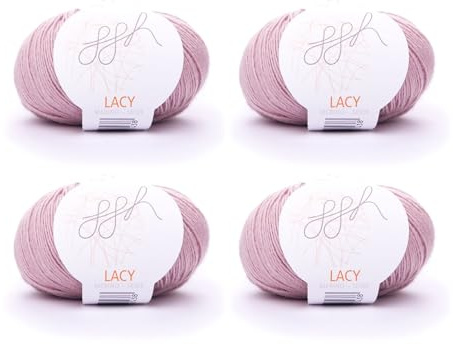 ggh Lacy Set | 4x25g (insgesamt 100g) Set| 150m/25g Merinowolle mit Seide zum Stricken | Farbe 015 - Pastell Rosa