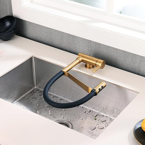 XJTNLB Vorfenster Küchenarmatur Klappbar Ausziehbar Gebürstetes Gold 360° Drehbar Wasserhahn Küche Umklappbare Armatur Vorfenster mit 2 Strahlarten