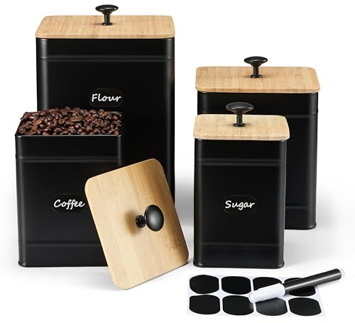 PERFNIQUE Kitchen Canisters, Airtight Canister Sets for Kitchen Counter, Kitchen Canisters for Countertop Set of 4, Coffee Tea Sugar Flour Spice Tin Jars Food Storage Container with Lid(Black)