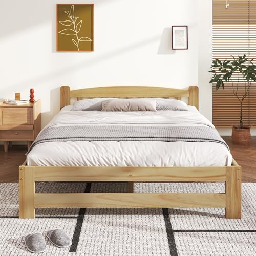 Ojiuboo Massivholzbett, Einzelbett, Futonbett, Massivholz-Naturbett mit Kopfteil und Lattenrost, Jugendbett, Erwachsenenbett, Naturfarbe, 140x200cm