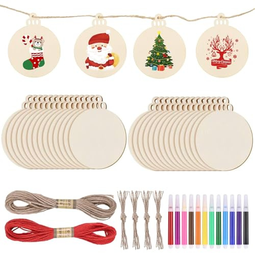 Zocipro 40Pcs Weihnachten Holzkugeln zum Basteln, Runde Holzscheibe DIY Weihnachten Anhänger Ornamente Dekoration mit 12 Farbstiften & 20m Schnur für Weihnachtsbaum Dekoration Handwerk Projekte