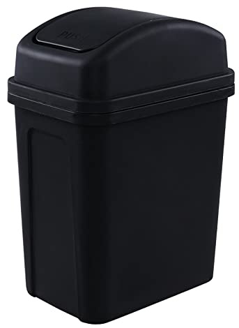 Gloreen 7 L Small Plastic Waste Paper Bin, Black Trash Bin with Swing Lid | For Bathroom Bedroom Office