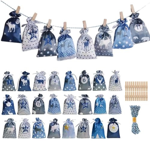 Advent Calendar Bags Kit, 2024 Christmas Bag Gift Advent Calendar, 24Pcs Reusable Fabric Hanging Gift Bags, Wooden Clips and 1Rope, Fillable Calendar with Festive Design for Christmas decor (Blue)