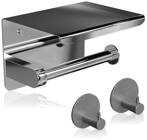 INNOOVEE Portarrollos Papel Higiénico con Ganchos y Estante, Adhesivo 3M sin Taladro o con Tornillos, Acero Inoxidable Plata, Incluye Embellecedores y Tacos, Soporte Papel Higiénico Baño Moderno