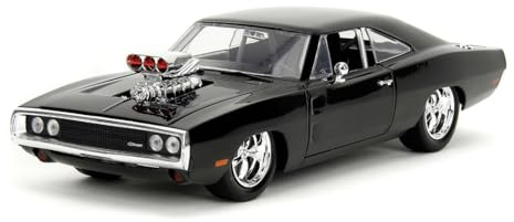 Jada Toys – Fast and Furious Auto Dom`s Dodge Charger Street (1:24, svart) – modellbil 1970 Dodge Charger R/T från Fast & Furious, leksaksbil av metall från 8 år med delar att öppna, 19 cm