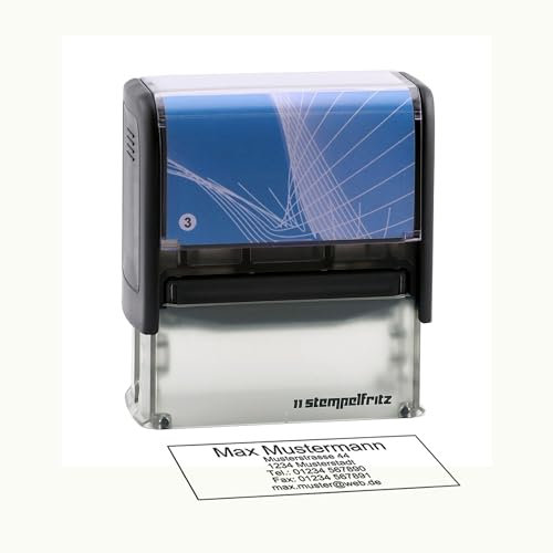 Personalisierter Stempel stempelfritz Gr.3 direkt hier Erstellen – selbstfärbender Firmenstempel, Adressstempel, Namensstempel oder Lehrerstempel – Gehäuse Schwarz-Blau, 58x22mm, max. 6 Zeilen