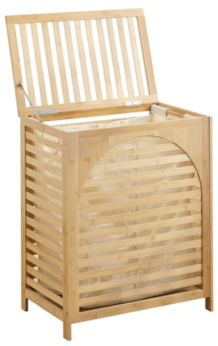 Laundry Hamper with Lid, Bamboo Clothes Laundry Basket with Handles, Removable 2-Section Liner bag, Hampers for Bedroom Aesthetic, Large Storage for Bath Towel, Sheets or Toys, Home (Natural)