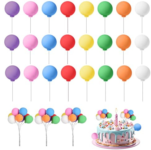 Tyqour 24Pcs Colorful Balloon Cake Topper Cake Balls Decorations Ball Cake Toppers DIY Cake Balloons Insert Topper for Birthday Baby Shower Wedding Party Cake Decorations