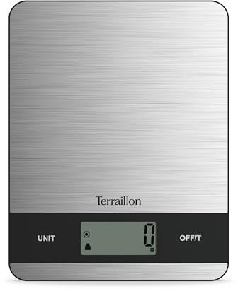 TERRAILLON - SLIM STEEL - Balance de cuisine électronique, Grand écran LCD, Plateau Slim 18.4 x 14.4 cm, Capacité 5 kg, Graduation 1 g,Tare - Convesion liquides, Arrêt automatique, Inox