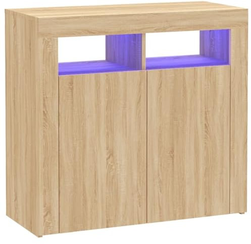Modernes LED beleuchtetes Sideboard Buffetschrank für Schlafzimmer, Wohnzimmer und Küche Sonoma Eiche Organisieren und Aufbewahren stilvoll 80x35x75cm