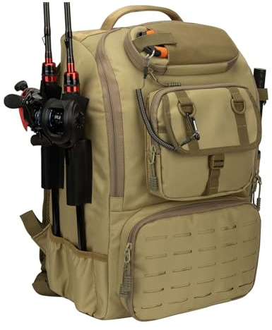 Hp hope Fiskeryggsäck med spöhållare och kylare, 40 l fiskeutrustning, fiskeutrustning, ryggsäck, fiskutrustning, Khaki 2, 40 Liter, Ryggsäck