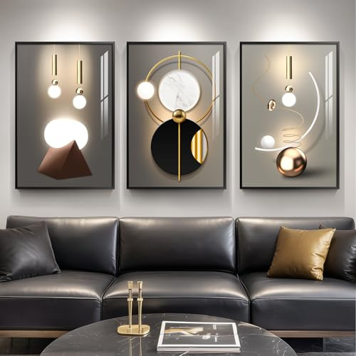 Framed Large Modern Abstract Wall Art for Living Room, Set of 3 Piece Black and White Gold Luxury Artworks, Geometric Painting Print for Dining Room Entryway Hallway Home Office Wall Decor, 24x36 In