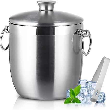 Spalivivre Seau à Glaçons 3L, Bac à Glaçons en Acier Inoxydable, Seau à Glace avec Couvercle, Bac à Glace à Double Paroi avec Clips et Tamis pour Refroidir la Bière, Le Champagne, Le Vin Mousseux