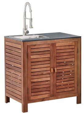 Mobile da Giardino in Legno di Acacia a 2 Ante e 2 Ripiani 80 x 50 x 83 cm con lavello e Rubinetto Marrone e Argento