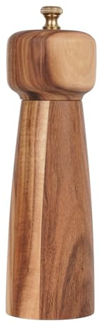 DeroTeno Molinillo de sal o pimienta con núcleo de cerámica ajustable, molinillo de especias para pimienta y sal, madera de acacia, 20,5 cm de altura, diámetro inferior: 6 cm (bandeja no incluida)