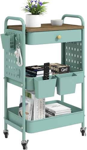 danpinera 3 Tier Rolling Cart, Metal Storage Cart with Drawer, Wooden Tabletop & DIY Pegboards, Utility Carts on Wheels with Hooks & Hanging Cups, Mobile Storage Organizer Trolley for Kitchen, Office