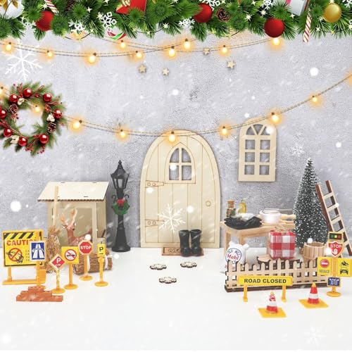 BOARDFEB Wichteltür Zubehör, 40 Stück Weihnachten Wichtel Zubehör Wichtel Tür Set Wichteltür Komplettset Kleine Elfentür Zubehör Holz Weihnachtswichtel Tür für Weihnachten Deko