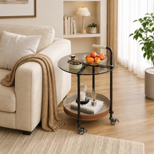 Tavolo a rotelle moderno leggero e multifunzionale: piano in vetro temperato, portaoggetti in PU, piccolo dessert con freni, spazio per soggiorno, divano e camera da letto