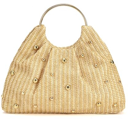 Beimus Auffällige Strohtasche mit Perlendetails und rundem Griff, geräumige Innenhandtasche, bequem, für den täglichen Gebrauch, gewebte Geldbörse mit runden Griff-Details