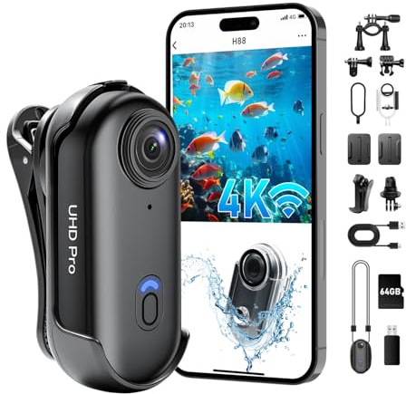 4K Action Camera, Wearable Body Camera with 64GB, Hands-Free Recording WiFi POV Camera with Waterproof Case, Back clip, Thumb Size Sports Cam Portable Camcorder for Cycling, Hiking, Fishing, Vlogging
