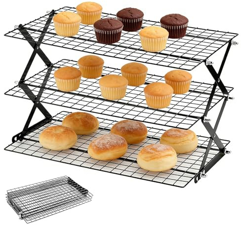 Kylgaller i 3 nivåer, 40 x 24,5 cm, hopfällbar kylhylla, hopfällbart kylgaller för bakning, kylgaller, set, kakgaller, stapelbar kakkylhylla, bakgaller för kakor grillning, torkning