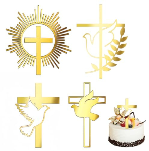 YUZNA 4 Pièce Decoration Communion Croix, Decoration Bapteme, Decoration Gateau Communion, Décorations de Gâteaux avec Croix et Colombe, pour Mariage, Anniversaire, Fête et Plus Encore