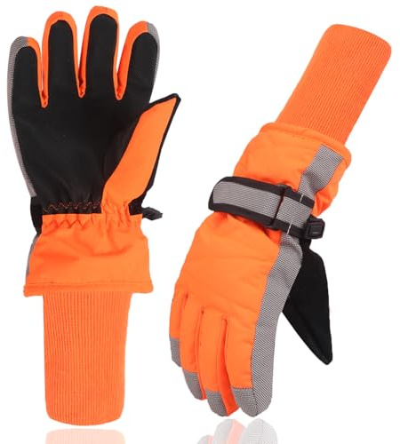XTACER Kids Ski Snow Gloves Snowboard Winter Warm Cold Weather Gloves for Boys Girls Children ( Long Cuff -Orange, 6-8 Years)