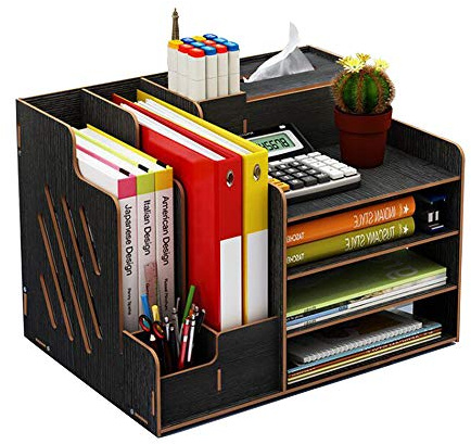 Hggzeg Wooden Desk Organizer, Large Capacity DIY Office Supplies Storage Box File Rack Paper Document Magazine Holder Sorter (Black)