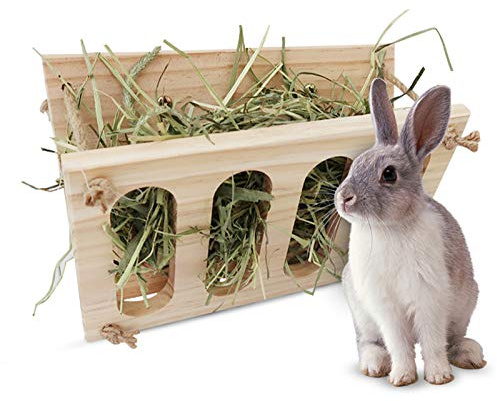 Rabbit Hay Rack Wooden Hay Manger Foldable Bunny Hay Feeder Grass Feeding Shelf Fixed Hay Rack Hay Dispenser for Guinea Pigs Pet Grass Holder Cage Accessories for Hamster Chinchilla Small Animals