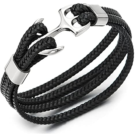 COOLSTEELANDBEYOND Män kvinnor stål marin ankare armring armband flera band svart flätat läderarmband