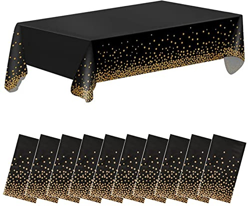 10 Stück Schwarz und Gold Party Tischdecke Einweg für Rechteck Tisch,Gold Dot Confetti Geburtstag Tischdecke für Geburtstag, Jahrestag,Braut Shower,Abschlussfeier,Cocktail Party,137cm x 274cm