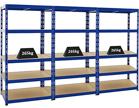 Spar Deal | 3er Set Schwerlastregal Tiger Blau | HxBxT 180x90x60 cm | Fachlast 265kg Kellerregal Lagerregal Metallregal