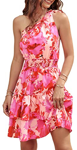 PRETTYGARDEN Women's Summer Tie One Shoulder Boho Floral Dress Elastic Waist Tiered Ruffle A Line Flowy Mini Dresses (Print Pink,Small)