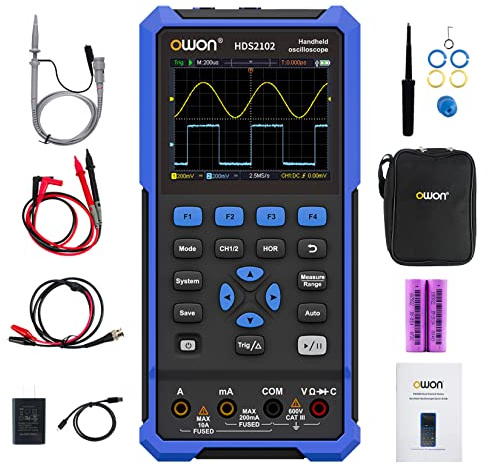 OWON HDS2102 2 in 1 Hand oszilloskop, 100MHz Bandbreite USB Typ C mit 3,5 Zoll LCD Display, 20000 Zählungen Digital multimeter, 2 Kanal Digital Oszilloskop
