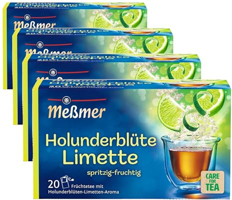 Meßmer Holunderblüte-Limette | 20 Teebeutel | Vegan | Glutenfrei | Laktosefrei (Packung mit 4)