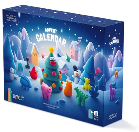HEY CLAY Advent Calendar - Colorful Modeling Air Dry Clay for Kids - Air-Dry Clay Kit 36 Flowpacks with Fun Interactive App - Creative Winter Holidays