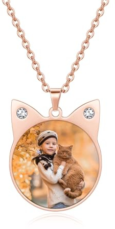 AllerPierce Katze Foto Kette mit Gravur Damen Katze Anhänger mit Foto Gravur Fotos Anhänger Damen Charms Halskette Geschenk für Damen(Rosegold)
